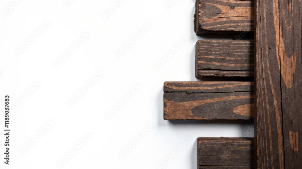 Poster rustic brown wood planks arranged against a white background, ideal for design projects needing a na