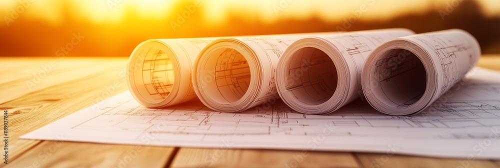 Poster golden blueprints, architecture and building design scale model, construction theme background