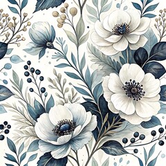 White and blue floral bouquet pattern, Seamless pattern of white flowers, blue leaves, and berries with delicate details on a light background, creating a refined design.  
