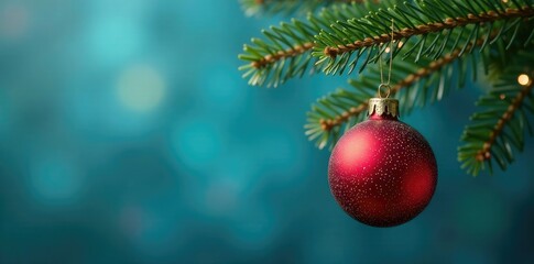 Red ball hanging from a metal branch with Christmas decorations on a blue background, festive, ornament, holiday