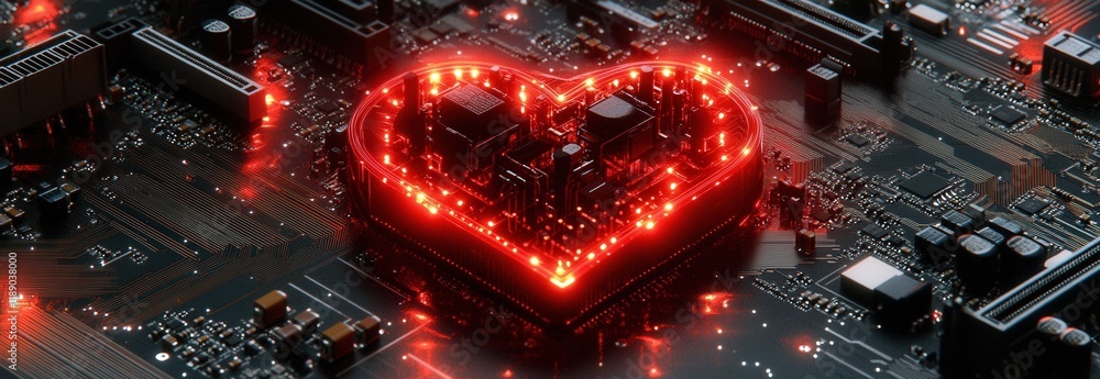 Poster heart shaped computer processor with red lights on a dark background for technology concepts valenti