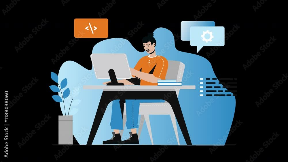 Poster a young european man working on a computer at a desk, engaged in coding or software development.