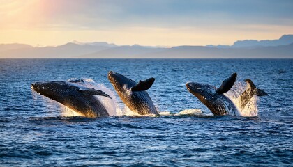 Fototapeta premium Majestic Humpback Whales Breaching Ocean Sunset