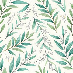 Delicate green leaves with floral accents, Seamless pattern of soft green leaves with small floral accents on a white background, creating a fresh and elegant design.  
