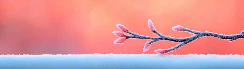 Delicate Budding Branch with Frost on Ground Against a Colorful Soft Background in Winter