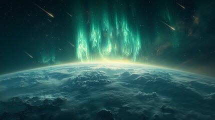 Naklejka premium Illustration - Green Aurora Borealis, Stars, Mountains, Clouds, and Planet