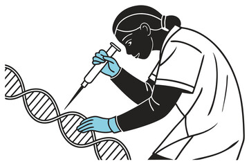 Doctor or technician lab in blue gloves uses pipette transfer samples DNA testing ,white background C.eps
