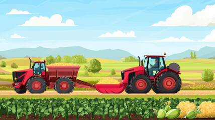 Obraz premium A thriving agricultural industry scene featuring farmers harvesting crops with advanced machinery, showcasing innovation and productivity in a vibrant farming environment. 