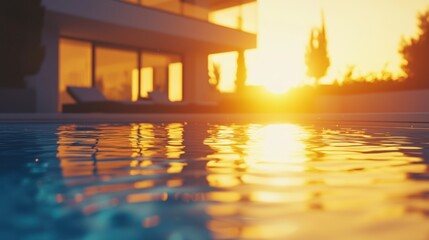Sunset view from swimming pool, reflecting warm light on water surface with luxury house background.