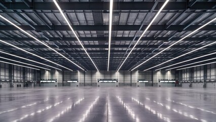 Naklejka premium Large industrial warehouse, empty interior, polished reflective floor, rows of bright overhead lights, high ceiling, vast open space, symmetrical perspective, modern architecture, clean and sterile en