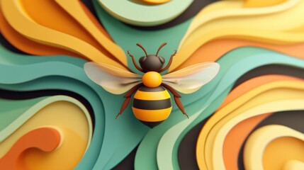 3D rendered bee on colorful abstract background.