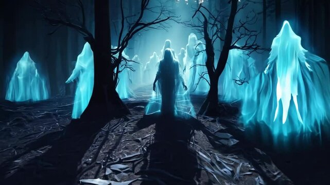 Unearthly apparitions cloaked in veils, lurking in moonlit haunted forest