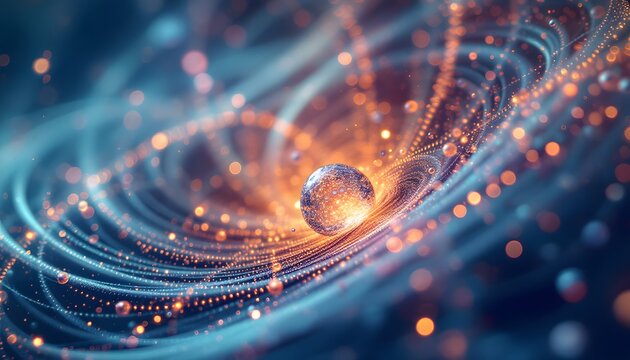 A luminous sphere within swirling abstract lines represents connectivity and energy - portraying innovation - perfect for tech conferences, science presentations, and digital media