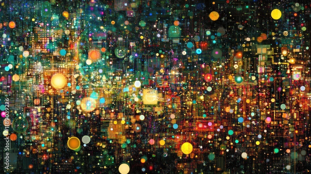 Poster abstract colorful digital art with glowing circles and shapes.
