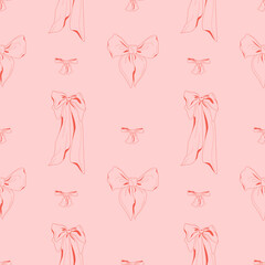 Pattern of red and pink bows. Seamless vector pattern on pink background. A composition with vintage handmade bows sweet coquette. Vector print in retro style.