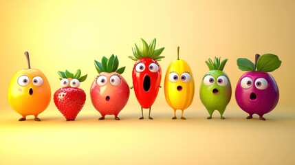 Seven surprised cartoon fruits in a row.