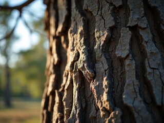 This image shows a close-up of a tree trunk with sunlight filtering through the branches.