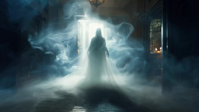 Ghostly apparition of a woman in white, haunting the forgotten chambers of a abandoned manor