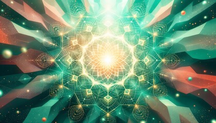 A vibrant, symmetrical burst of coral and mint green with geometric patterns, representing energy and growth, suitable for tech or spiritual themed designs, posters, and web backgrounds