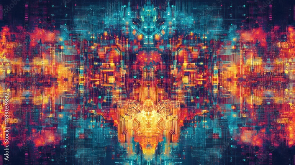 Aufkleber abstract symmetrical digital art with vibrant colors and intricate patterns.