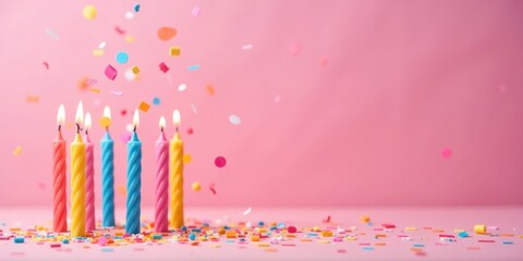 Joyful Celebration Lit Candles and Colorful Confetti on Pink Background
