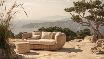 Naklejka premium Outdoor luxury sofa, Mediterranean coastal view, rocky terrain, pine tree, warm sunset light, textured canvas, serene atmosphere, earth tones, minimalist design, natural materials, rustic elegance, pa
