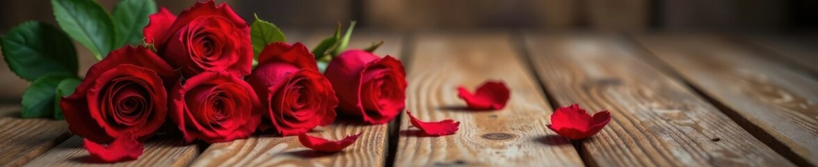 Fototapeta premium Red roses strewn across a rustic wooden floor, roses, warm, natural