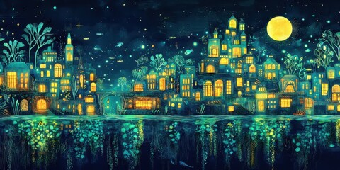 Fototapeta premium Enchanting Night Cityscape Reflected In Water