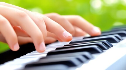 Obraz premium Close-up of child's hands playing piano outdoors.