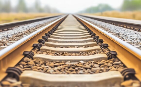 Straight railway tracks receding to a hazy horizon.
