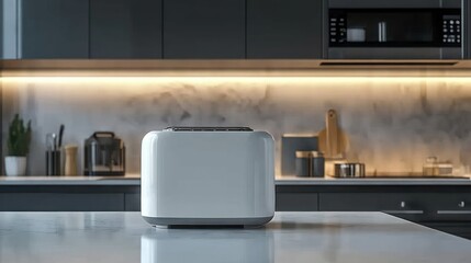 Modern white toaster on kitchen counter.