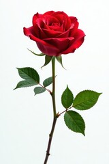 Naklejka premium Single red rose with vibrant leaves against pure white backdrop , nature, red
