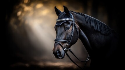Obraz premium Majestic dark brown horse portrait in misty forest, wearing black bridle.
