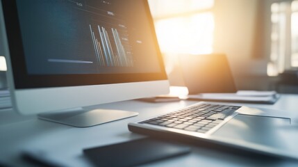 Modern office workspace with computer displaying financial charts.