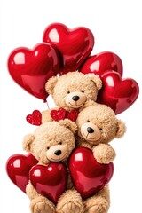 Obraz premium Three adorable teddy bears hold heart-shaped balloons, symbolizing love and affection on Valentine's Day. This charming display conveys warmth and caring sentiments
