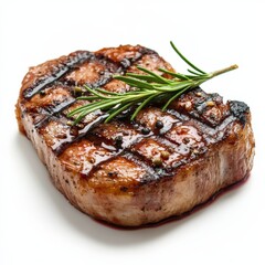 a grilled steak with rosemary sprig on a white surface