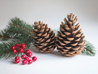 pinecones with red berries and green pine needles