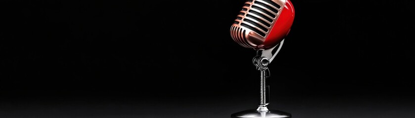 Fototapeta premium Vintage Red Microphone on Black Background for Music, Performance, or Podcasting Use