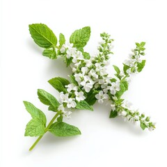 mint with white flowers on a white background
