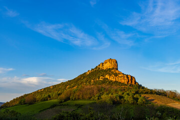 Rock of Solutre with vineyards, Burgundy, Solutre-Pouilly, France