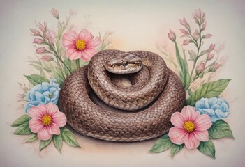 A snake rests coiled amidst pink flowers and greenery with a serene, artistic backdrop.