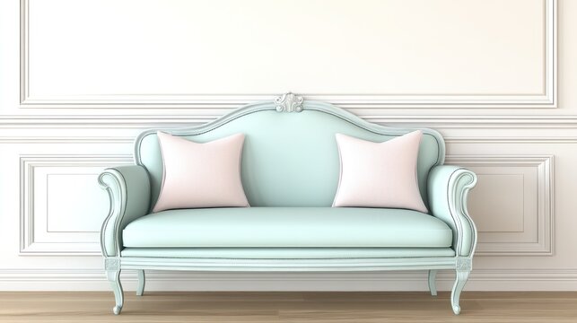 Pastel teal chaise lounge with pink pillows against white paneled wall.
