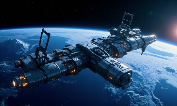 A futuristic space station orbiting Earth  showcasing advanced technology and cosmic beauty