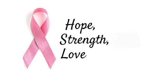 A pink ribbon on a white background, with the text "Hope, Strength, Love"