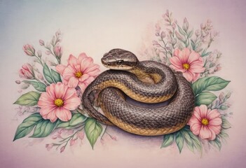 A snake rests coiled amidst pink flowers and greenery with a serene, artistic backdrop.