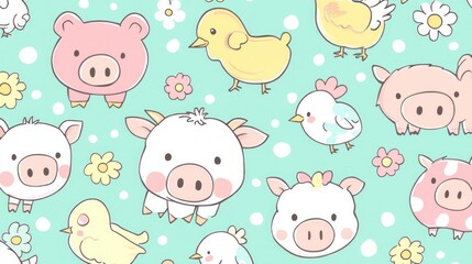 Cute cartoon farm animals and flowers seamless pattern.