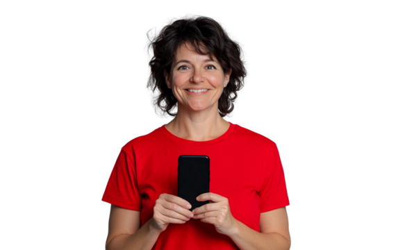 Excited woman in a red T shirt holding a smartphone horizontally, smiling brightly and radiating joy, with a clean white background.

