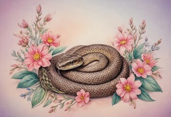 A snake rests coiled amidst pink flowers and greenery with a serene, artistic backdrop.