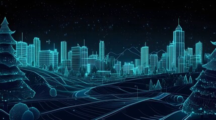 Futuristic cityscape on a dark background.A glowing wireframe modern cityscape at night. futuristic urban planning, smart cities, or digital city models. integration of nature with modern architecture