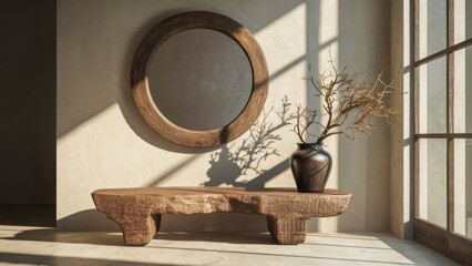 Minimalist interior design, round mirror with wooden frame, rustic wooden shelf, black vase with branches, sunlight streaming through window, warm neutral tones, zen atmosphere, Japanese wabi-sabi aes